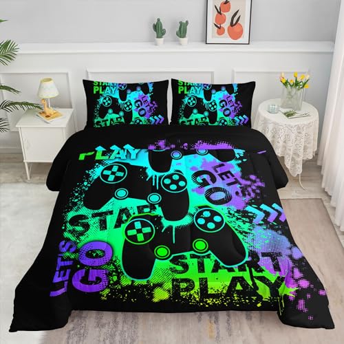 Smell Sunshine Kids Comforter Set Graffiti Gamepad Printed Pattern Bedding Set with 1 Comforter and 2 Pillowcases for Girls Boys Bedroom All Season(Graffiti Gamepad Queen)