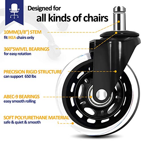 Office Chair Wheels Compatible With Ikea Chairs,10Mm Stem (Set Of 5), 3" Heavy Duty Replacement Swivel Rubber Casters Quiet & Smooth Rolling Compatible With Ikea Chair Casters, Protection For Floors. #TOP2