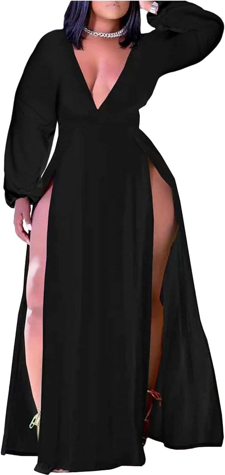 Ekaliy Women's Plus Size Sleeveless Deep V Neck Front Split Long Maxi Wrap Dress