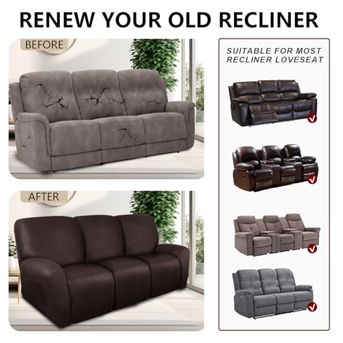 Image of ANARACHON Recliner Couch Cover Leather Look Recliner Sofa Covers for 3 Cushion Reclining Sofa Slipcovers 8-Pieces Furniture Protector Spandex Fabric Washable (3 Seater, 01 Chocolate)