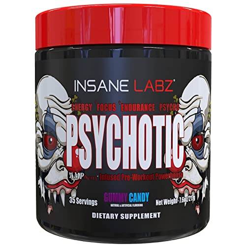 Insane Labz Psychotic, High Stimulant Pre Workout Powder, Extreme Lasting Energy, Focus and Endurance with Beta Alanine, Creatine Monohydrate DMAE, 35 Srvgs (Gummy Candy)