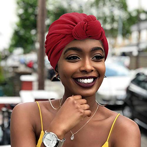 Image of DRESHOW 5 Pack Knotted Headwraps for Women African Turban Pre-Knotted Beanie Headwraps Hair Covers