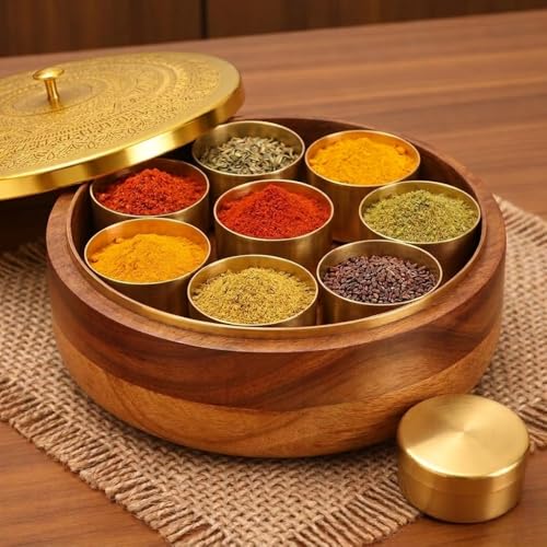 Image of Masala Dani Wooden Masala Box for Kitchen with Spoon, Acacia Wood 7 Detachable Containers (120 ML Each) - Masala Box Wooden Traditional Spice Organizer for Kitchen Storage & Spice Box Gift