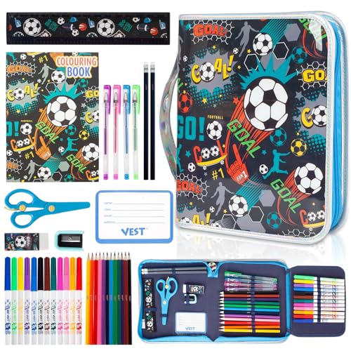 PinkSheep Juego de marcadores con estuche de lápices de fútbol de purpurina y artículos de papelería, suministros de arte kits para colorear para niños, regalos de cumpleaños para niños de 4 a 12 años