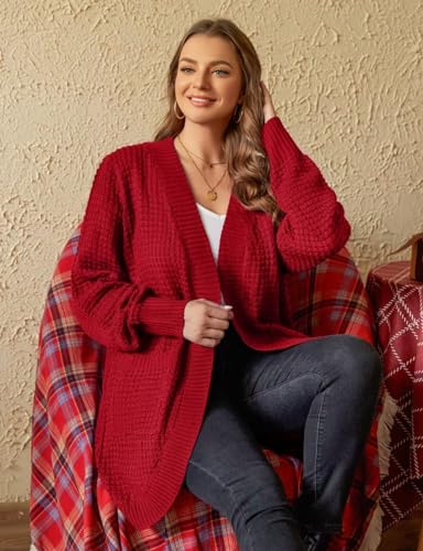 Image of MONNURO Womens Plus Size Open Front Cardigan Waffle Knit Long Sleeve Sweaters Tops Fall Coat Outerwear with Pockets