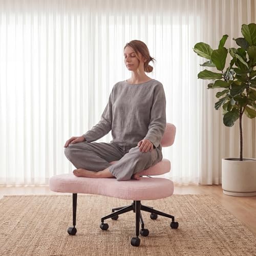 DUMOS Ergonomic ADHD Cross Legged Office Desk Chair with Adjustable Backrest Height Adjustable Meditation Chair with 360 Swivel Footstool Teddy Fleece Yoga Stool for Home Office Pink
