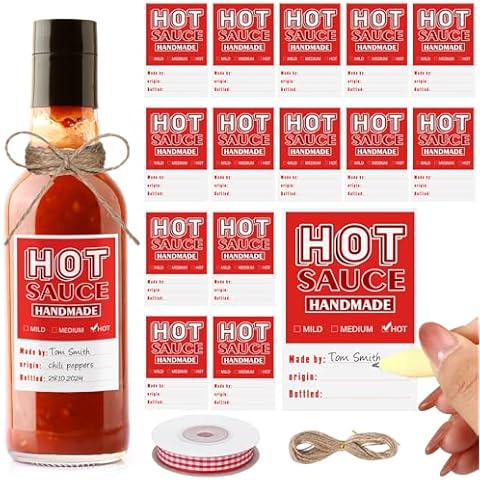 Humyoun 24 Pcs Hot Sauce Labels Spicy Sauce Stickers 3 x 2 Inch Homemade Hot Sauce Labels Bottle Labels with Ribbon and Rope for 4 oz or 8 oz Bottles for Personalized Gifts(Red,Classic) Cover