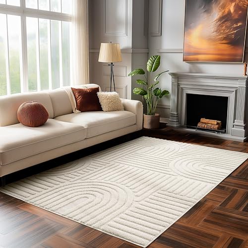 HomebyHome Tapis de Salon Moderne, Style Boho scandinave, crème, Effet Haut-Bas, Tapis décoratif...
