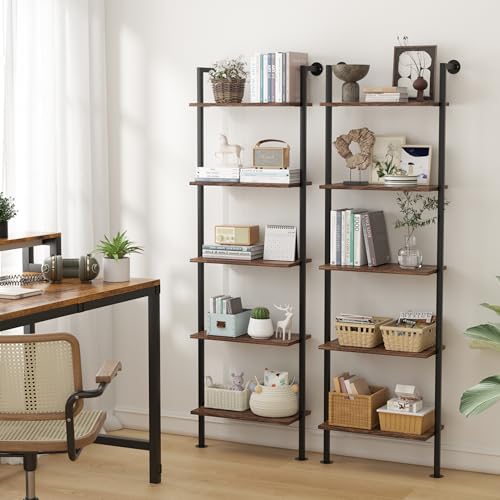 Acovy 5-Tier Bookshelf - Solid Wood Narrow Ladder Shelf Set of 2, Wall Mount Bookcase for Living Room, Bedroom - Industrial Style, Dark Brown - Thumbnail 6