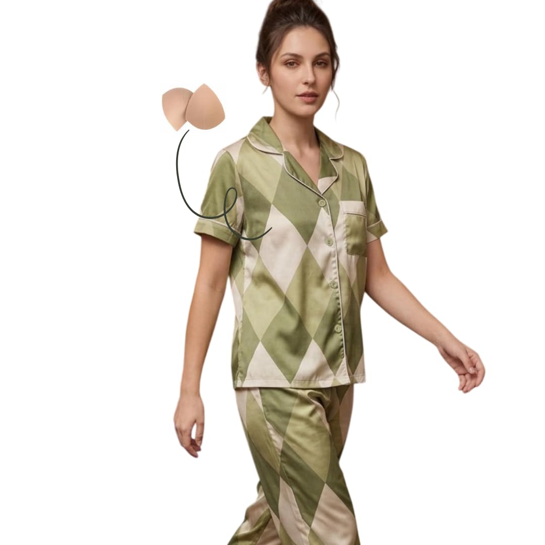 nohook Korean Style Chest Padded Nightsuit for Women | Modal Silk Button-Down Nightwear Set | Green Diamond Print Co-ord Sleepwear-picture-22