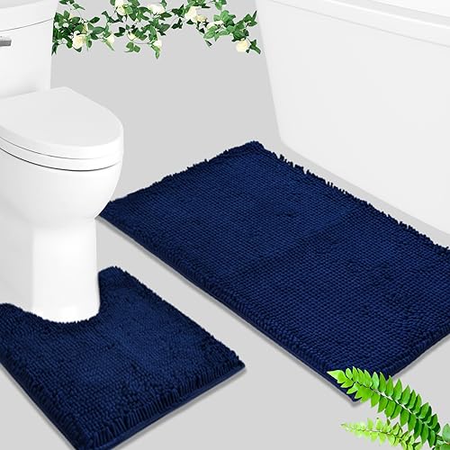Image of BOANKODU Bathroom Rug Sets 2 Piece, Non-Slip Soft Chenille Bath Mat, 32x20 + 20x20 Inch U Shape, Machine Washable (Navy Blue)