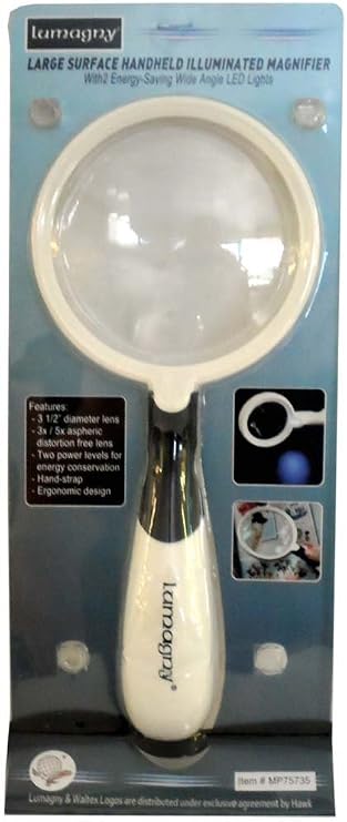 Dual Magnification Aspheric Magnifier | 3x & 5x Lens | 2-Way LED Light | Ergonomic Grip & Handle | Modern Design | 312 (8.9 cm) Diameter