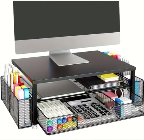 Desk Organizer and Accessories, 2-Tier Computer Monitor Stand Riser with Drawer and 2 Pen Holders, Laptop Stand, Office Desk Accessories for Office Supplies, Printer Desktop Organizer,Black image 5