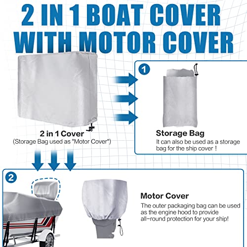 Vinpatio Trailerable Boat Cover With Boat Motor Cover, 12-14 Ft Heavy Duty Boat Covers 100% Waterproof Marine Grade Bass Boat Cover Fits V-Hull Runabout Fishing Boat Bass Boat, Silver #TOP4