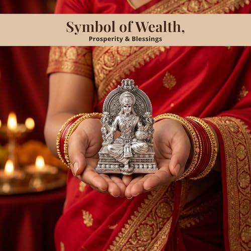 Image of Silver Plated Lakshmi Devi Idol Goddess Lakshmi showpiece for Home Temple | Pooja Room | Office Decor | Diwali Decoration | Wealth Prosperity Gift Item | Figurine | Mahalakshmi Statue
