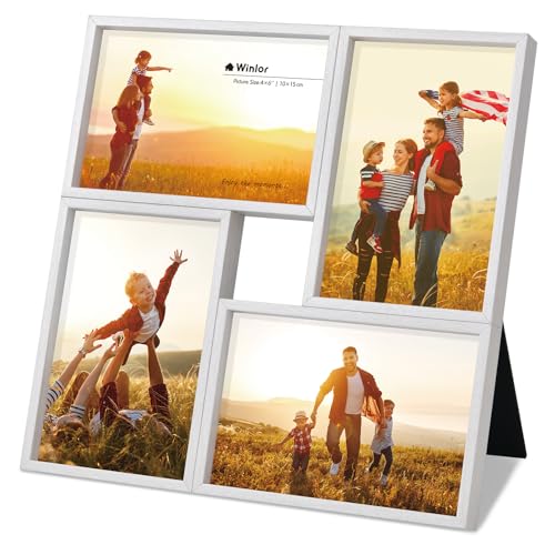 Winlor 4x6 Collage Picture Frame 4 Openings, FSC Certified MDF Wood Family Photo Frame with HD Glass for Desktop & Wall Mount, Premium Multi Photo Frame Set for Home Office Art Decor, White