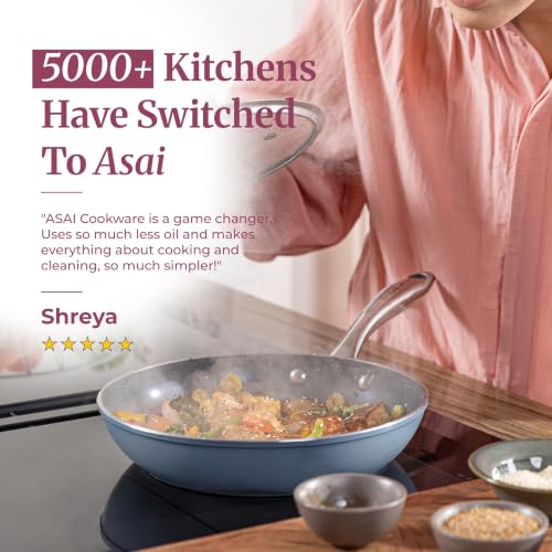 Image of Asai Ceramic Non Stick Fry Pan 24cm with Silicone Spatula | Blue | 100% Toxin Free | No PFAS, PFOA, PTFE | Superior Swiss Ceramic | Induction Safe | Non Stick Frying Pan, Egg Pan | Lab Tested