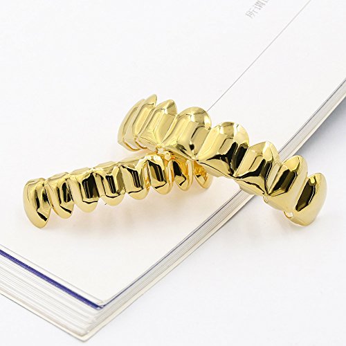 JINAO Grillz Gold Grills for Your Teeth Fake Teeth 18K Gold Plated Iced out 8 Top Teeth 8 Bottom Tooth Grillz for Men Women Hip Hop Rapper Costume2