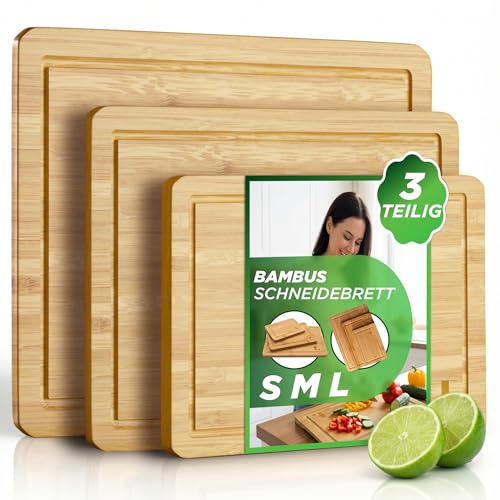 LUNARIA [PREMIUM] Bambus Schneidebrett Set – 3-teiliges Küchen-Schneidebrett aus Holz, Antibakteriell & Umweltfreundlich, Messerfreundlich | Große, Mittlere & Kleine Größe