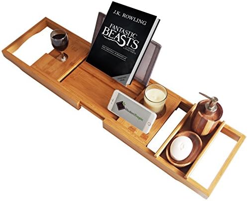 ModernTropic Home and Spa Bamboo Bathtub Caddy and Tray Expandable Non-Slip Wooden Bath Tray Securely Holds Drinks, Book/Tablet, Accessories, Phone