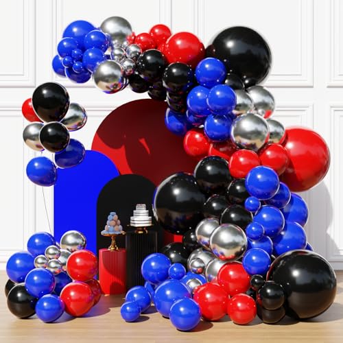 Image of Red Blue and Silver Balloon Arch Garland Kit, Black Red Blue Confetti Silver Balloons for Man Boys Kids Baby Shower Birthday Graduation Party Decorations