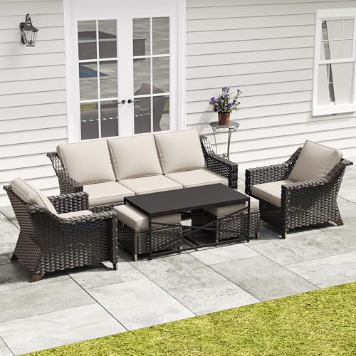 Image of 6 Pieces Outdoor Conversation Furniture Set - 77 inch Patio Sofa, 2 Armchairs, 2 Ottomans, 1 Metal Table, Patio Wicker Couch Set with Washable Cushions for Swimming Pool (Beige) | Patio Chair Set with Olefin Removable Cushion, All-Weather Outdoor Couch with Deep Seat for Porch, Deck and Backyard, Beige