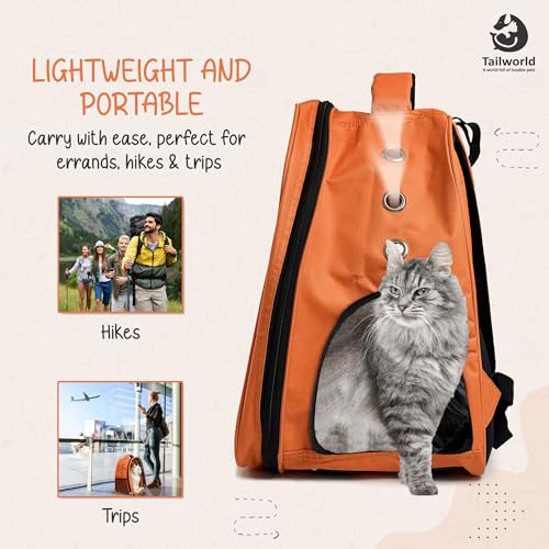 Image of Portable Pet Carrier Backpack for Cats & Small Dogs - Transparent Window, 9 Air Vents, Breathable Mesh, Built-in Safety Leash, Lightweight Travel Bag for Outdoor & Travel (Orange)