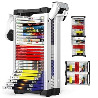 zerotop Video Game Storage Tower Universal Holder Rack PS5/PS4/Xbox One/Xbox 360/Xbox Series X/S/Switch Cases, DVD and Blu-Ray Disks Organizer, Stores 23 Game, with 2 Controller Holders, Black White