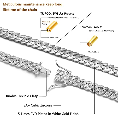 Tripod Jewelry 8Mm 14K Gold/White Gold Plated Diamond Iced Out Cuban Link Chain/Bracelet - Hip Hop Miami Cuban Link Chain Diamond Link Choker Necklace Cuban Bracelet For Men (White Gold - 8Mm, 20.00) #TOP1