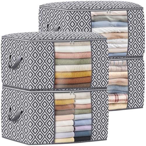 100L 4 Pack Storage Bags, Foldable Clothes Bins with Clear Window, Gray