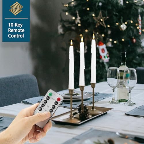Image of Dripless Flameless Taper Candles 9.6 inch, Battery Operated LED Candles with Remote and Timer, Unique Candlesticks with 3D Flame for Wedding Decor, 6 Pack White