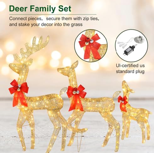 Miniatura 3 de VINGLI Juego familiar de renos de Navidad iluminados, decoraciones al aire libre, 270 luces LED, a prueba de clima, juego de 3 familias de ciervos