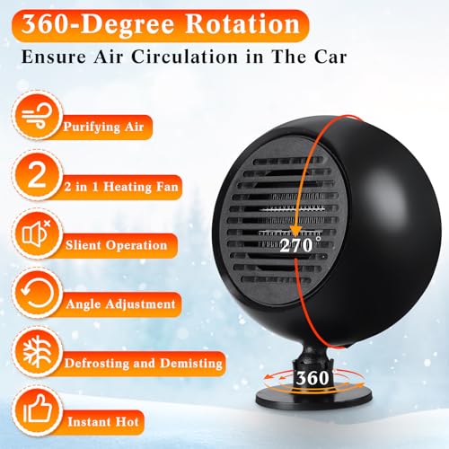 Rossesay 2 Pcs Portable Car Heater 12v 120w Auto Heater Fan Car Defroster Windshield Heater 2 In 1 Heating Cooling Fan 360 Degree Rotary Base Windshield Defogger Plugs in Cigarette Lighter for Vehicle - Thumbnail 3