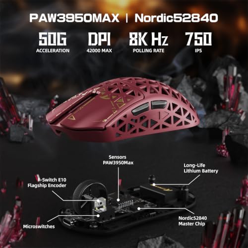 Image of ATTACK SHARK R5Ultra 8K Carbon Fiber Wireless Gaming Mouse with 42000 DPI -PAW3950 MAX Sensor -39g Ultra-Lightweight-Nordic 52840 MCU Chip-Wired /BT /2.4GHz Wirelss Programmable Mouse for PC /Mac (Red)