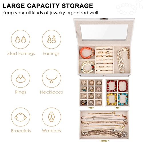 Kadolina Jewelry Box For Women Girls 3 Layers Large Jewelry Organizer With Glass Lid, 3 Drawers Jewelry Storage Case Removable Tray For Earrings Rings Necklace Bracelets Watches (White) #TOP2