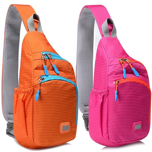 Peicees Small&Small Sling Backpack Waterproof Unisex Shoulder Bag Chest Crossbody Daypack, Pack of 2 Orange&Pink