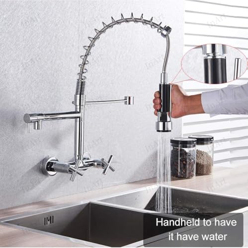 Image of InArt Elite Luxury with Wall-Mounted Kitchen Sink Tap - 360 Pull-Down Sprayer, Multi-Function Spray Head, Single Lever, Chrome Finish, and Hot & Cold Functionality Kitchen Sink Faucet