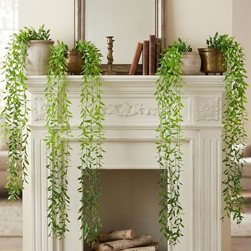 Image of Dekorly 75CM Artificial RainFlow Ivy Hanging Vines (Pack of 4) | Lush Green Cascading Creeper for Home & Balcony Decor (4, Dark Green Tail Vines)