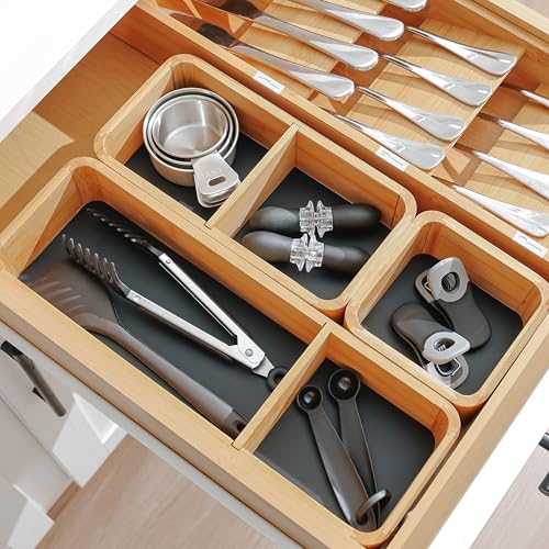 Modular Drawer Organizer Set – Kitchen Edge Storage with 3 Containers & 5 Compartments, Magnetic with Removable Inserts, Stackable, Rubber Liners & Non-Slip Base, 9in x 13.5in x 2.4in, 100% Bamboo - Thumbnail 7