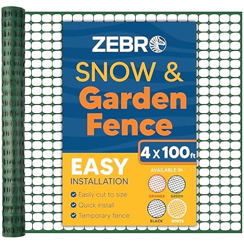 ZEBRO 4' x 100' Green Plastic Garden Fence Roll – Light Duty Mesh Fencing for Temporary Fence, Snow, Garden Netting, Animal Barrier, Agricultural Fencing & Lawn Protection