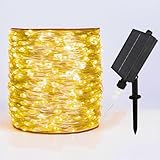 ZELUXDOT Solar String Lights for Outside,100FT 300 LEDs Solar Fairy Lights,Waterproof 8 Modes Button Outdoor String Light for Patio Garden Backyard Tree Wedding Christmas,Silver Wire,Warm White