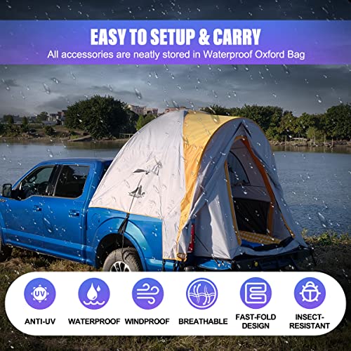 Wolfstorm Truck Bed Tent For 5.5’-5.8’ Pickup Portable Truck Tent Fit For Chevy Dodge Ford Gmc Nissan Toyota Pu2000Mm Double Layer Waterproof Pickup Tent W/Skylight For 2-3 Person (Gray&Orange) #TOP7