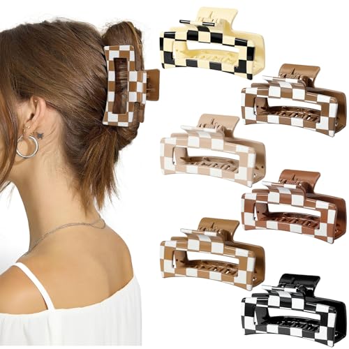 Auseibeely 6 Pcs Checkered Hair Clips for Women 3.35 Inch Medium Square Claw Clips for Thin Hair Cute Y2K Checkerboard Hair Accessories Non-Slip Neutral Tone Banana Jaw Clip Black White Brown
