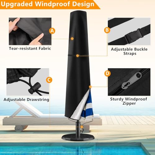 Patio Umbrella Cover, Market Umbrella Cover, Waterproof Durable, Patio Parasol Covers with Zipper, Outdoor Garden Market Umbrellas Windproof Anti-UV Protective Cover for 7ft to 11ft (Black)