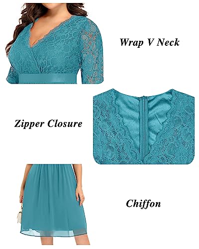 Image of Pinup Fashion Plus Size Lace Chiffon Wrap V Neck Dresses Women Cocktail Wedding Guest Midi Dress