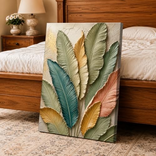 Image of PAINTINGMANTRA Textured Embossed Floral Leaf Canvas Wall Art Painting for wall decoration, Multi-Color Feather & Leaf Motifs Stretched Canvas Painting for living room, bedroom, Home and office, 16x22 Inch