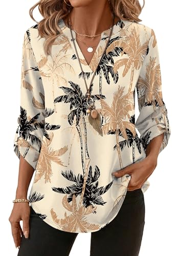 Image of XIEERDUO 3 /4 Length Sleeve Womens Tops V Neck T Shirts Both Side Buttons Blouses Business Casual Outfits Loose Fit