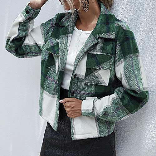 Womens Fashion Autumn Winter Lapel Single Breasted Plaid Jacket Short Top Fuzzy Fleece (Green, S) #TOP3