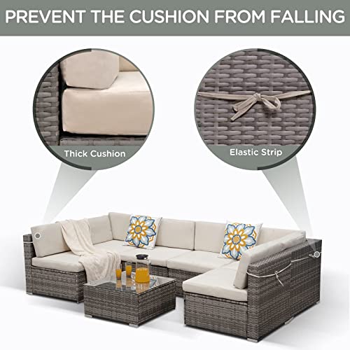 Sunvivi Outdoor 7 Piece Patio Furniture Set All Weather Grey Wicker Outdoor Patio Sectional Sofa Couch With Glass Table, Large Patio Conversation Set With Beige Removable Velcros Seat Cushions #TOP2