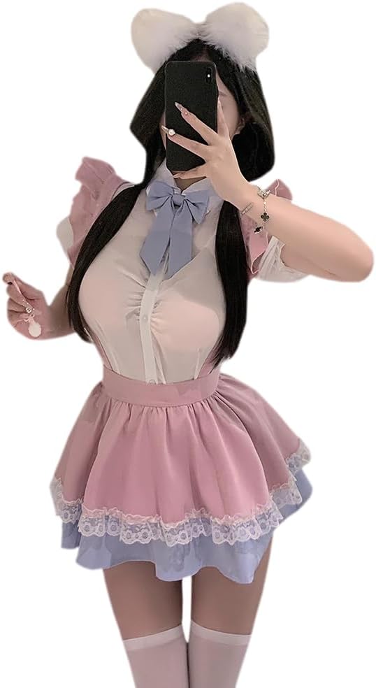 sexy sailor outfit for women Schoolgirl lingerie Cosplay costume JK Uniform Anime Roleplay Short Dress babydoll Bow Tie blouse Suspender Skirt Thong Set Pink